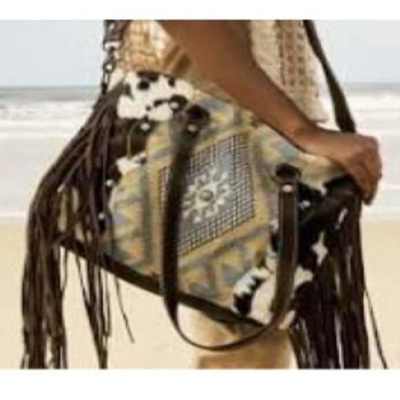 Myra Crashing Waves Fringed Hair On Leather Travel Tote Bag🆕FAST😮‍💨⚡🚚 - Picture 2 of 16